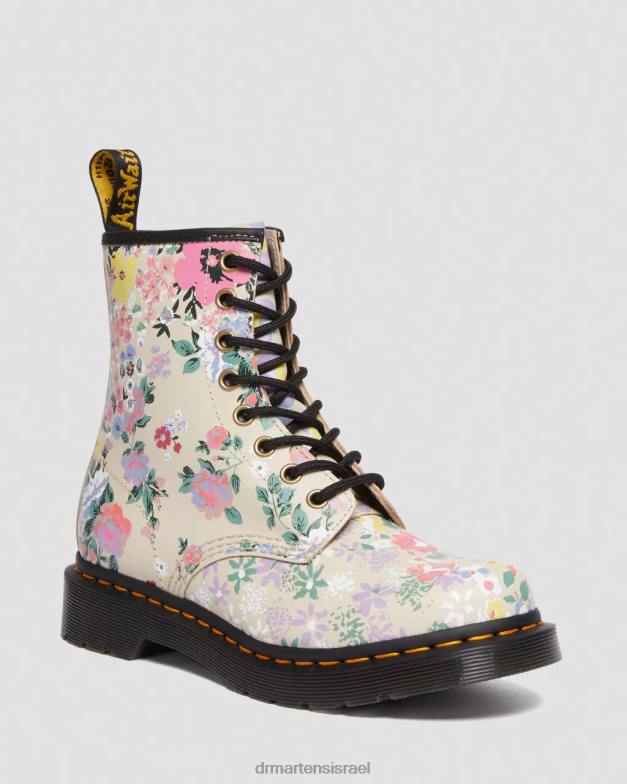מגפי שרוכים מעור פרחוני 1460 Dr. Martens צללית פרחונית בצבע בז' קלף הַנעָלָה N8BB8129