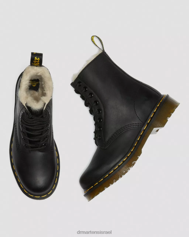 מגפי שרוכים בקו פרווה מלאכותית 1460 Dr. Martens ויומינג מבריק שחור הַנעָלָה N8BB841