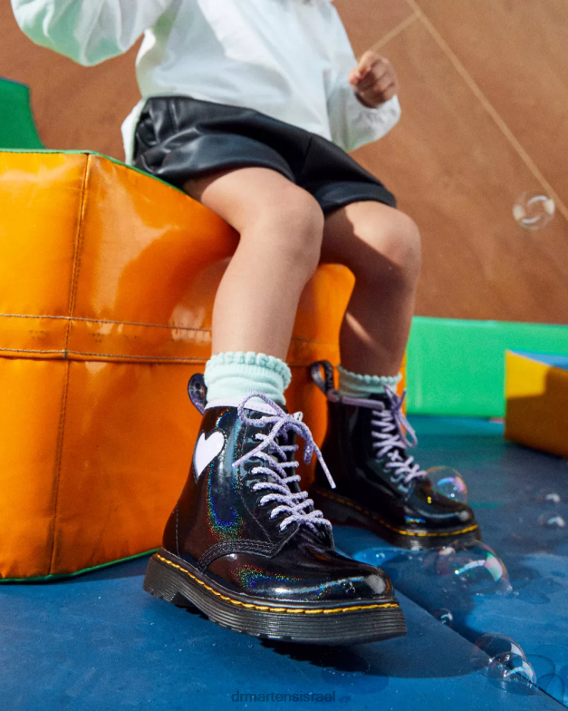 מגפי שרוך לב לפעוט 1460 שימר Dr. Martens שימר גלקסי שחור ולילך הַנעָלָה N8BB8422