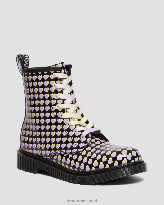 נוער 1460 פטנט מגפי שרוכים עם לב מודפס Dr. Martens lucido שחור & פטנט מנורה הַנעָלָה N8BB8470