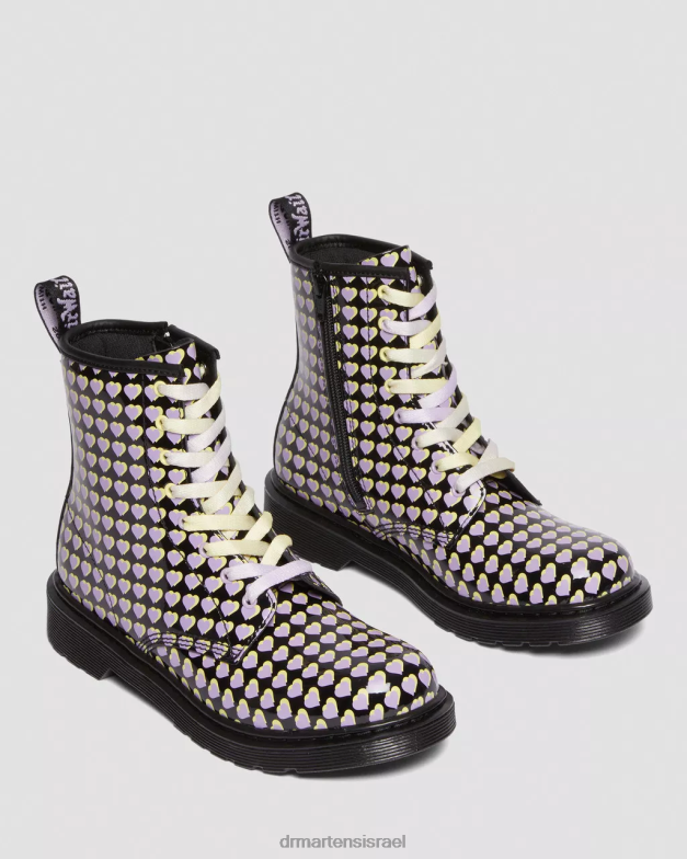 נוער 1460 פטנט מגפי שרוכים עם לב מודפס Dr. Martens lucido שחור & פטנט מנורה הַנעָלָה N8BB8470