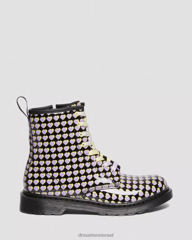 נוער 1460 פטנט מגפי שרוכים עם לב מודפס Dr. Martens lucido שחור & פטנט מנורה הַנעָלָה N8BB8470
