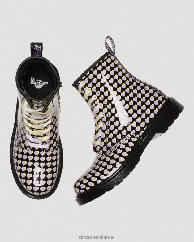 נוער 1460 פטנט מגפי שרוכים עם לב מודפס Dr. Martens lucido שחור & פטנט מנורה הַנעָלָה N8BB8470
