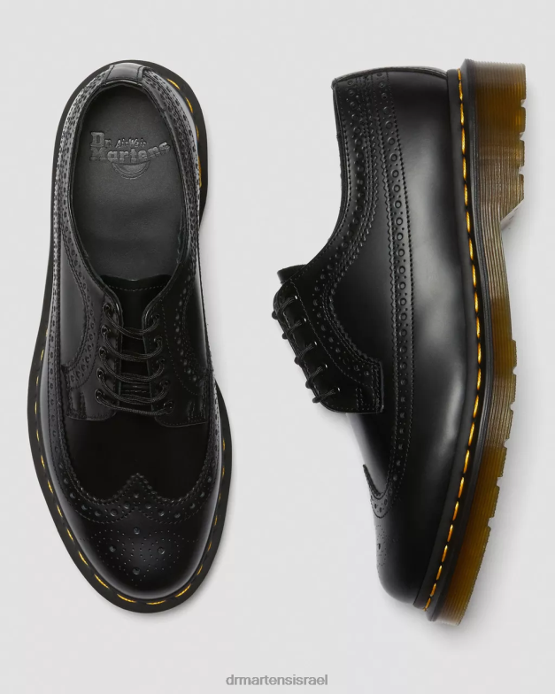 נעלי ברוג מעור חלק 3989 תפר צהוב Dr. Martens שחור חלק הַנעָלָה N8BB8370